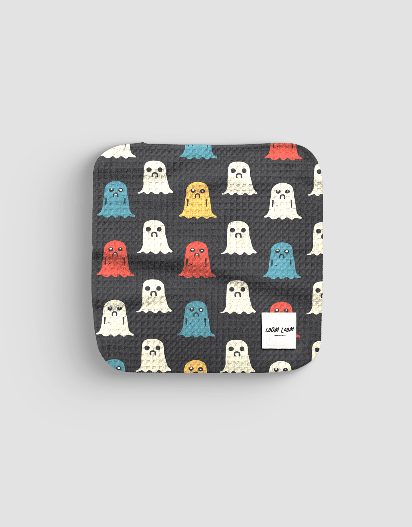 Loom Loom Kitchen Dishcloth Towel - Black White Colorful Grumpy Ghosts Repeating Halloween Pattern Print Eco Microfiber Waffle Woven Dish Towel - Loom Loom