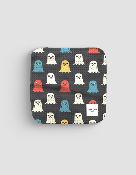 Loom Loom Kitchen Dishcloth Towel - Black White Colorful Grumpy Ghosts Repeating Halloween Pattern Print Eco Microfiber Waffle Woven Dish Towel - Loom Loom