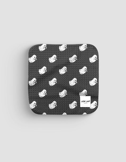 Loom Loom Kitchen Dishcloth Towel - Black White Flying Ghosts Repeating Halloween Pattern Print Eco Microfiber Waffle Woven Dish Towel - Loom Loom