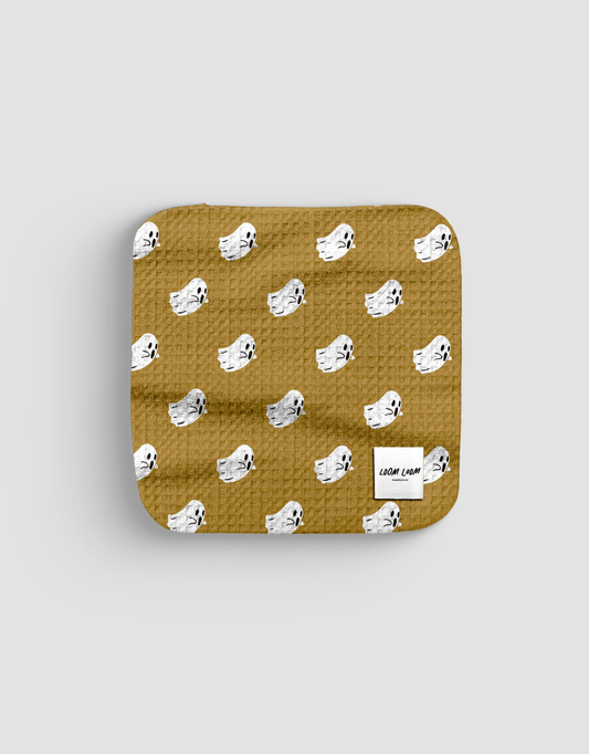 Loom Loom Kitchen Dishcloth Towel - Orange White Flying Ghosts Repeating Halloween Pattern Print Eco Microfiber Waffle Woven Dish Towel - Loom Loom