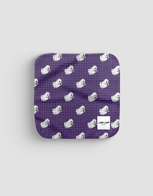 Loom Loom Kitchen Dishcloth Towel - Purple White Flying Ghosts Repeating Halloween Pattern Print Eco Microfiber Waffle Woven Dish Towel - Loom Loom
