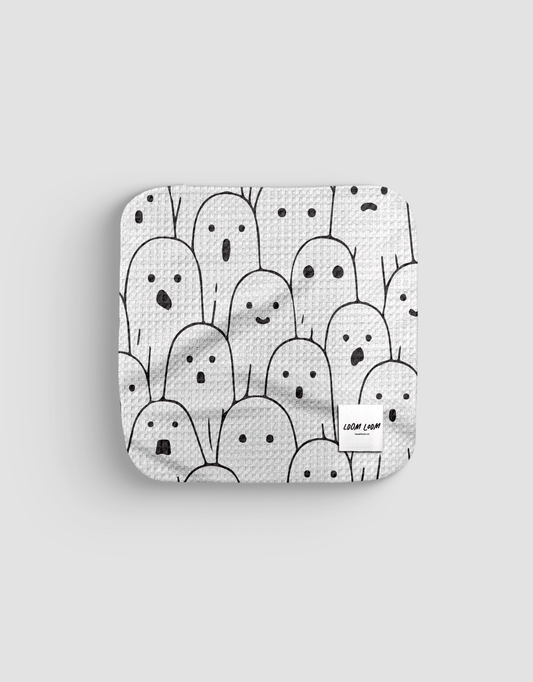 Loom Loom Kitchen Dishcloth Towel - White Black Ghost Crowd Halloween Pattern Print Eco Microfiber Waffle Woven Dish Towel - Loom Loom