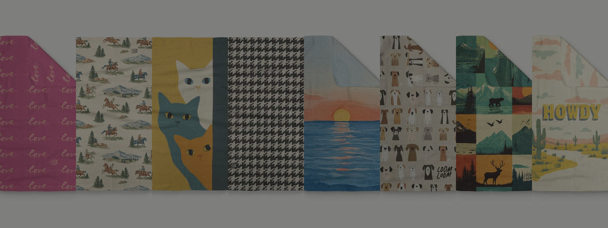 Eight Loom Loom tea towel patterns in a row